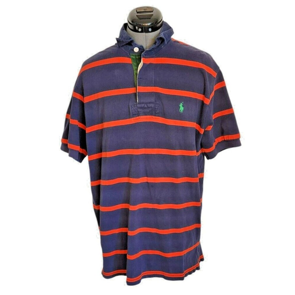 Polo Ralph Lauren Mens Large Navy Blue Orange Striped Short Sleeve Polo Shirt